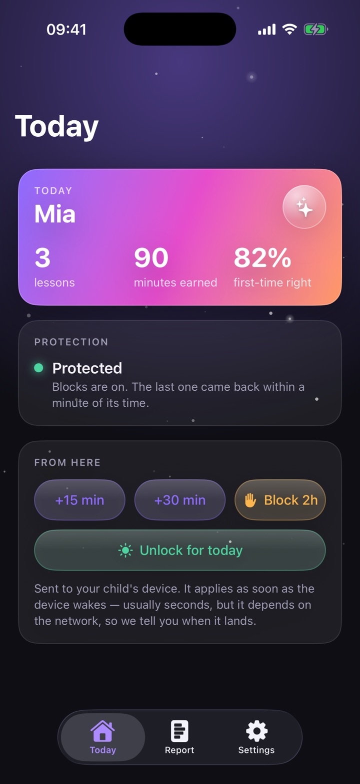 Today dashboard on the parent's phone