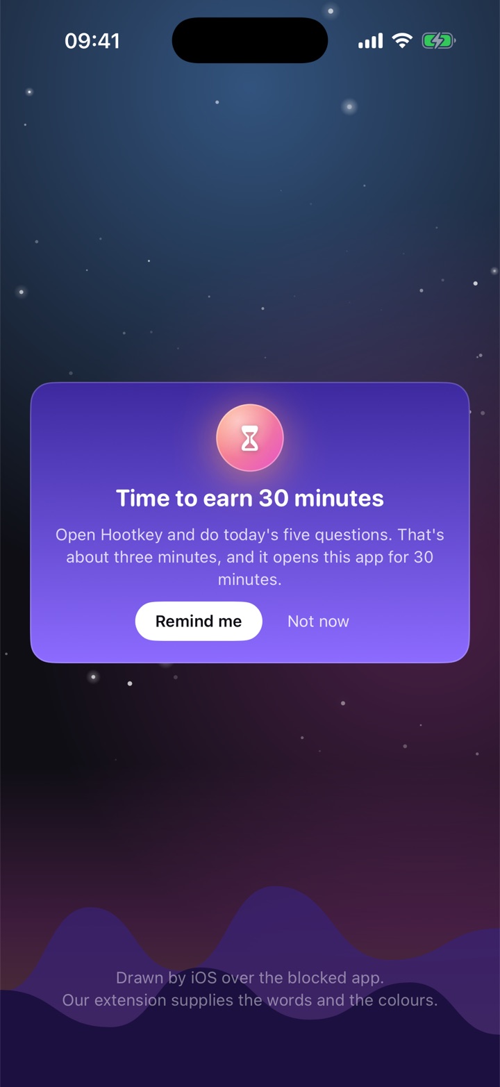 The block screen: Time to earn 30 minutes